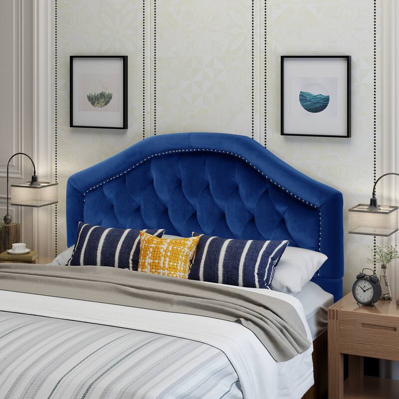 Roomfitters Adjustable Fabric Headboard for Queen and Full Size Bed with Nailhead Trim - Navy Blue