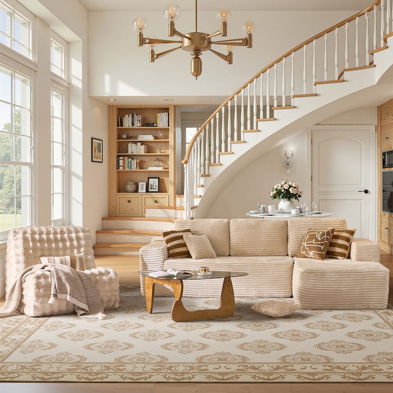XIZZI Modern Plush Sectional Chaise Couch with Bean Bag Chair - Beige - Right Facing