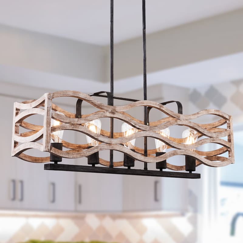CurveCurio Rustic Wood Chandelier, 5 Lights, White Distressed Fixture for Bedroom and Living Room - Distressed White