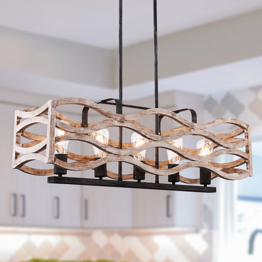 CurveCurio Rustic Wood Chandelier, 5 Lights, White Distressed Fixture for Bedroom and Living Room