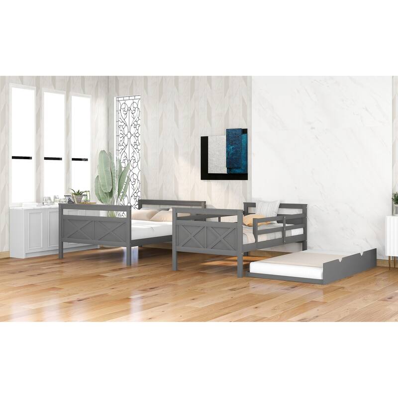Modern Casual Style Gray Twin over Full Bunk Bed with Ladder Twin Size Trundle and Safety Guardrail Suitable for Bedroom