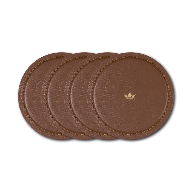 Set of 4 Black Leather Coasters Dia 3.9" - Black - Brown