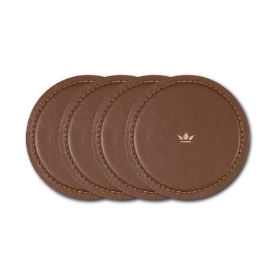 Set of 4 Black Leather Coasters Dia 3.9" - Black