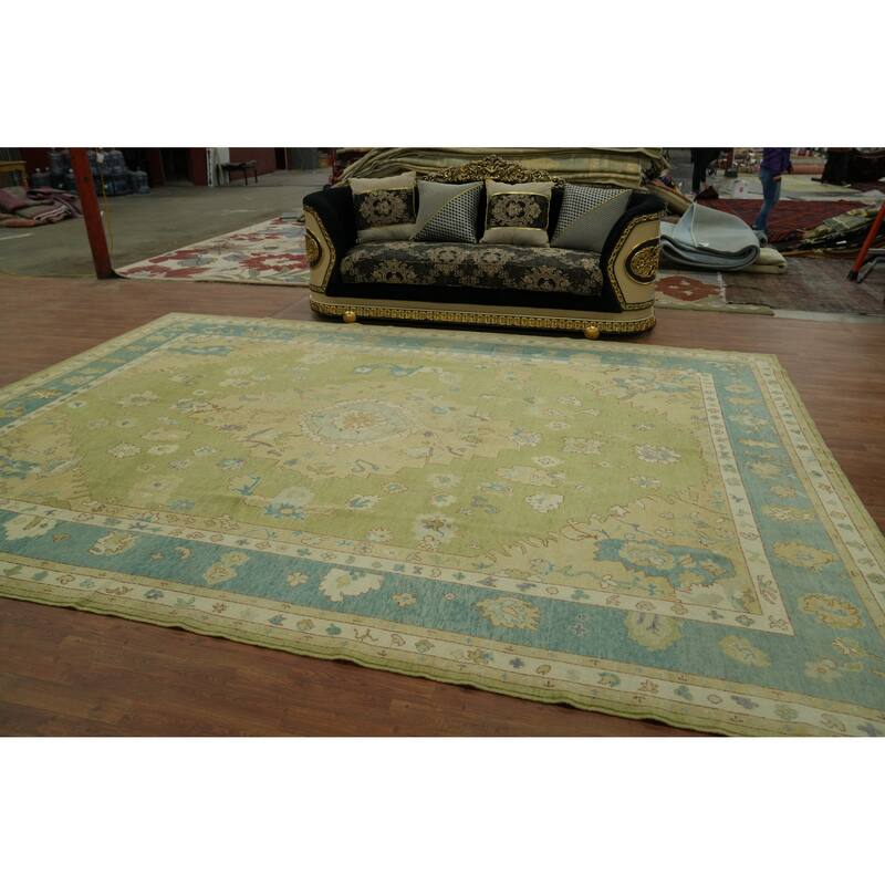 Vegetable Dye Green Oushak Turkish Large Rug, Medallion Geometric Carpet - 14' 1'' X 10' 0''