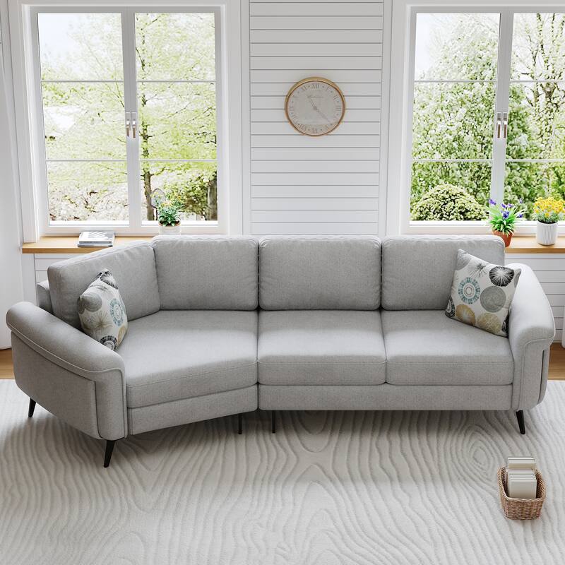 111" Chenille Curved 3-Seater Sofa with Removable Patterned Pillows - Gray