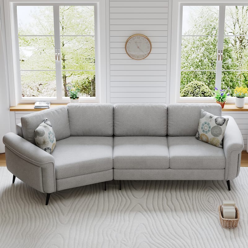 111" Gray Chenille Upholstered 3-seater Curved Sofa with Two Pillows - Multi-Color