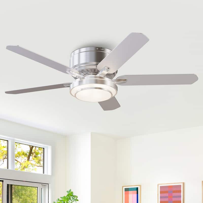 52" Modern Brushed Nickel 5-blade Flush Mount Ceiling Fan with Light and Remote