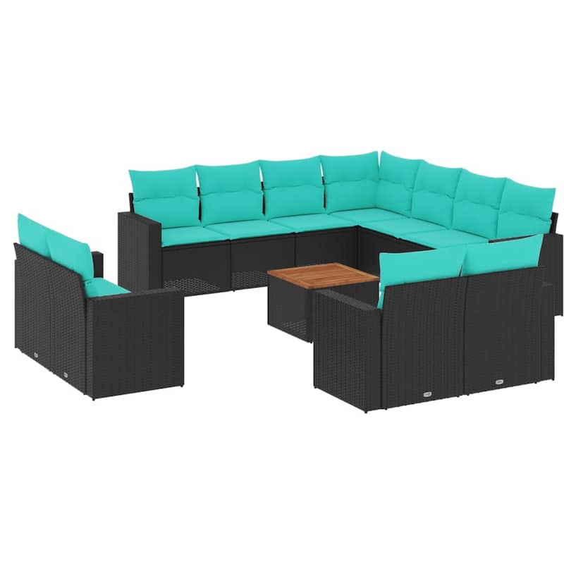 vidaXL 12 Piece Patio Sofa Set with Cushions Black Poly Rattan - 24.4" x 24.4" x 27.2"
