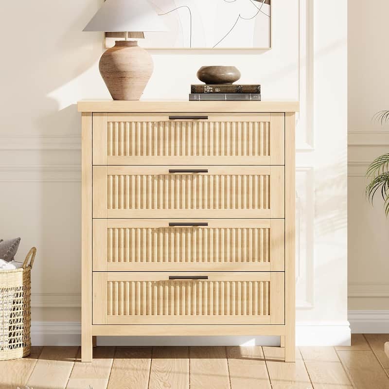 Modern Fluted Dresser with 4 Storage Drawers, Organizer Cabinet for Living Room, Bedroom - Almond