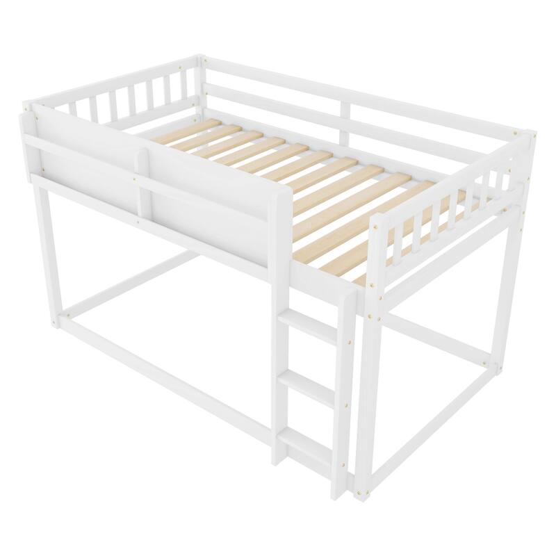 Low Twin Over Twin Bunk Bed, Floor Bunk Bed with Ladder and Storage Shelf, Convertible Design Twin Size Bunk Bed Frame