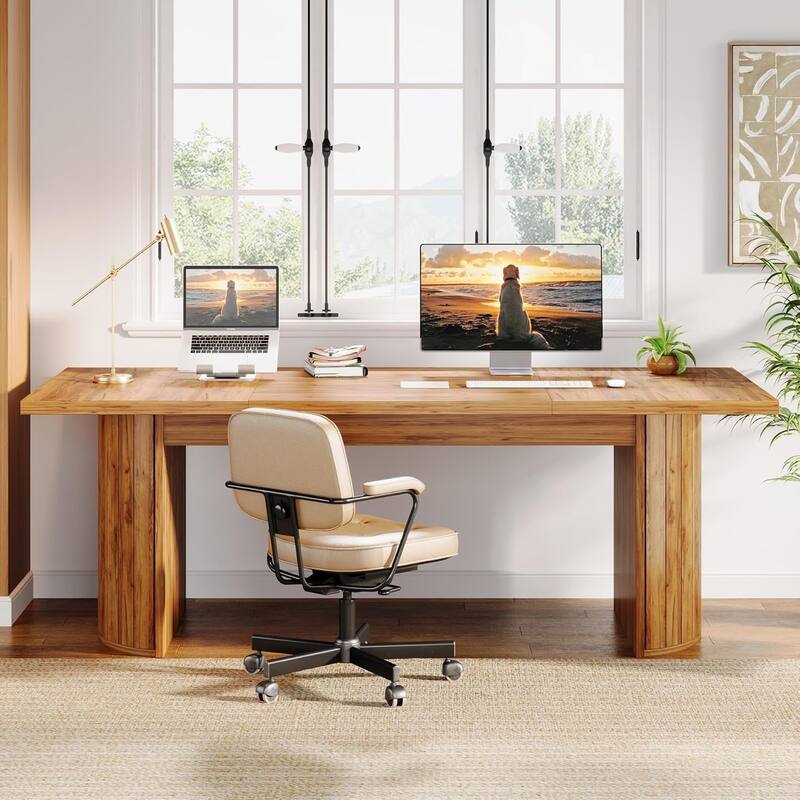 Brown Wood 78.7 Inches Long Computer Desk Large Executive Desk