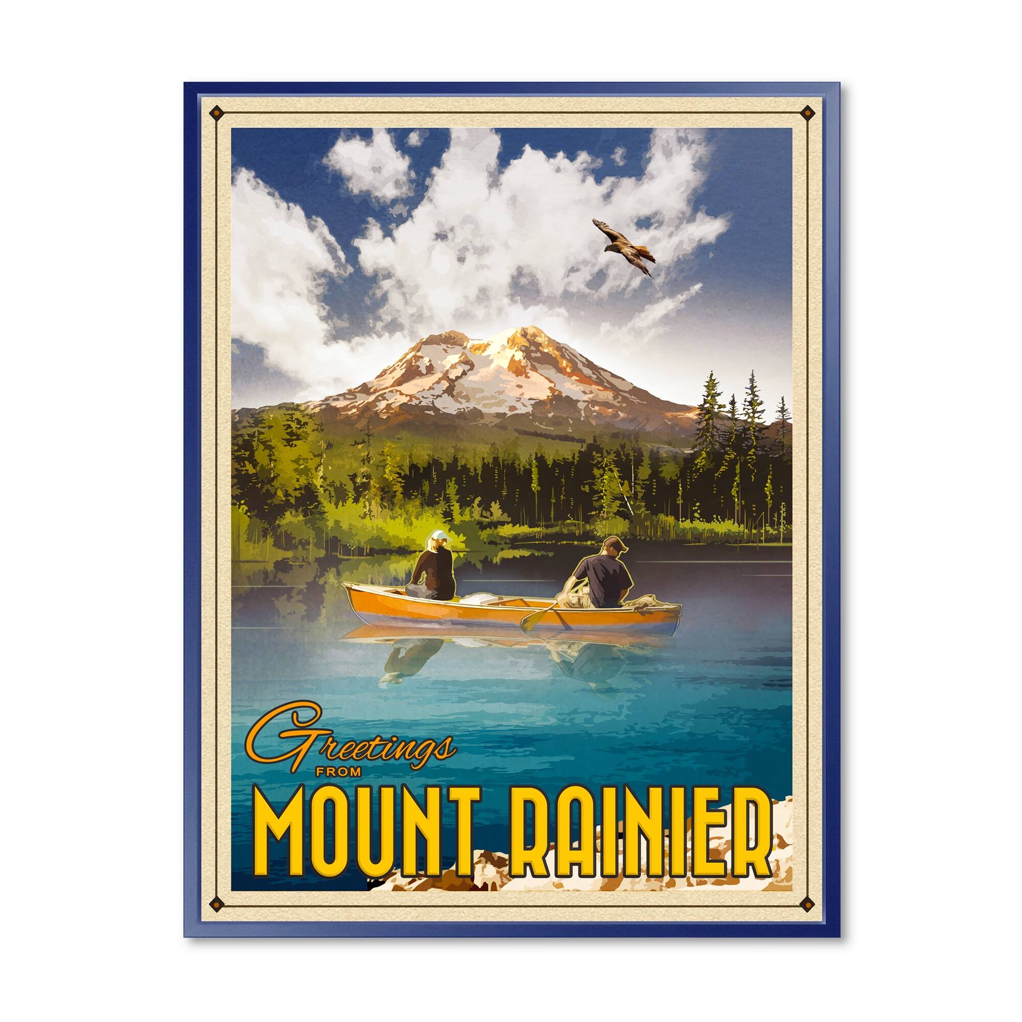 Designart "Mt Rainier" Lake House Framed Canvas Artwork Print Bed
