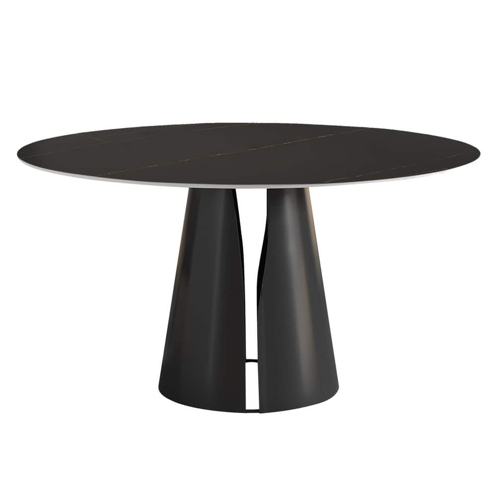 Modern Stone Table Top Carbon Steel Black Pedestal Base Dining Table
