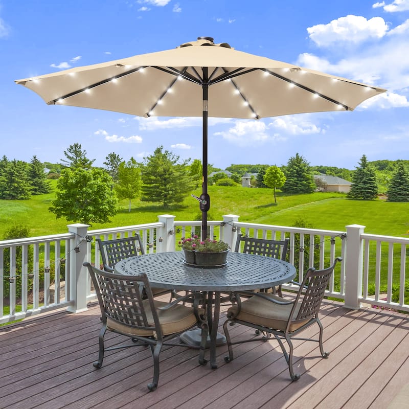 LIVOOSUN LED 9ft Patio Umbrella Market Umbrella Steel Tilt w/Crank - Sand