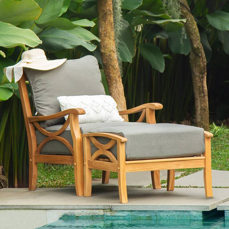 Cambridge Casual Lowell Teak Patio Club Chair with Ottoman - Natural Teak/Gray Cushion