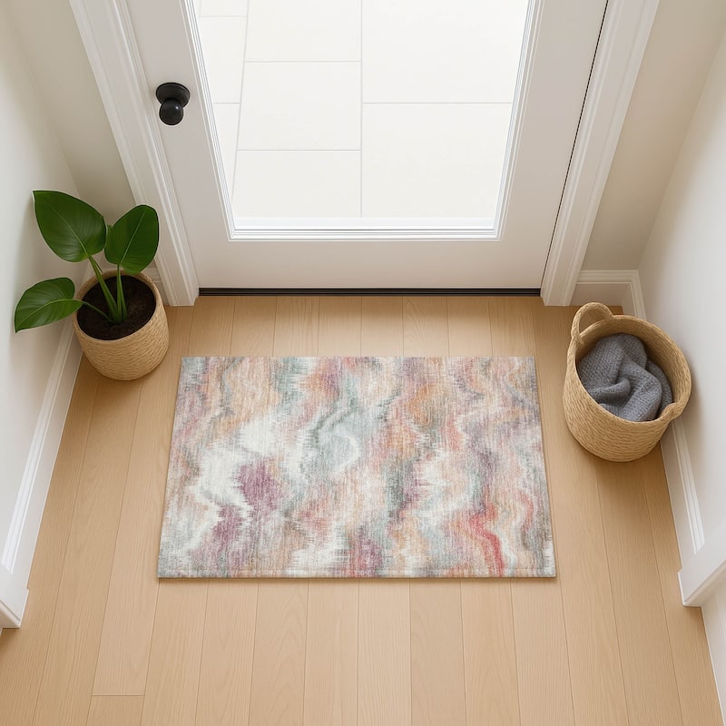 Machine Washable Indoor/ Outdoor Abstract Watercolor Chantille Rug