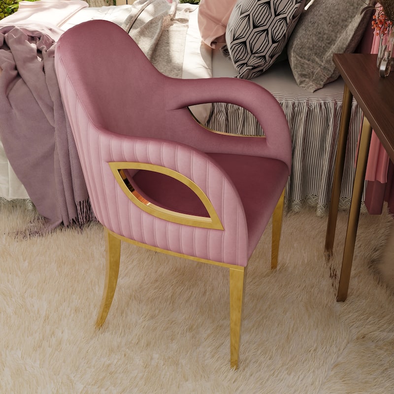 Comfy Pink Velvet Accent Armchair with Fox-Eyes Arms