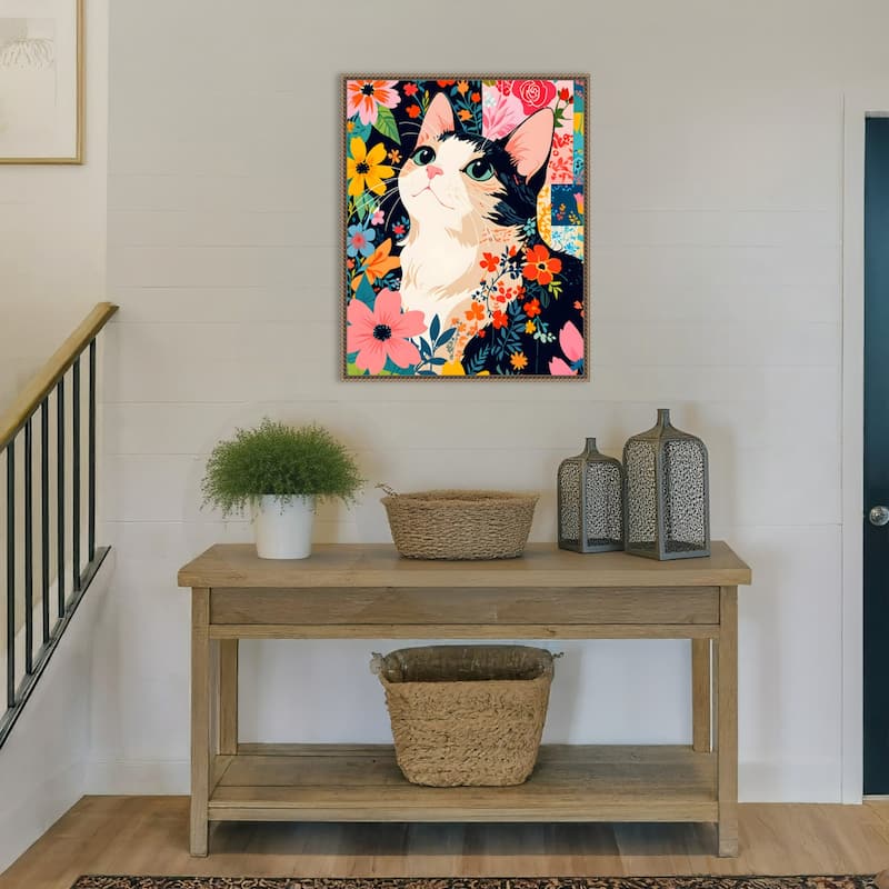 Floral Patchwork Cat by Kintsugi99 Framed Canvas Wall Art