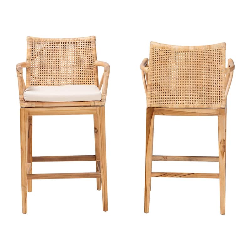 Storsel Bohemian Natural Rattan and Teak Wood 2-Piece Counter Stool Set
