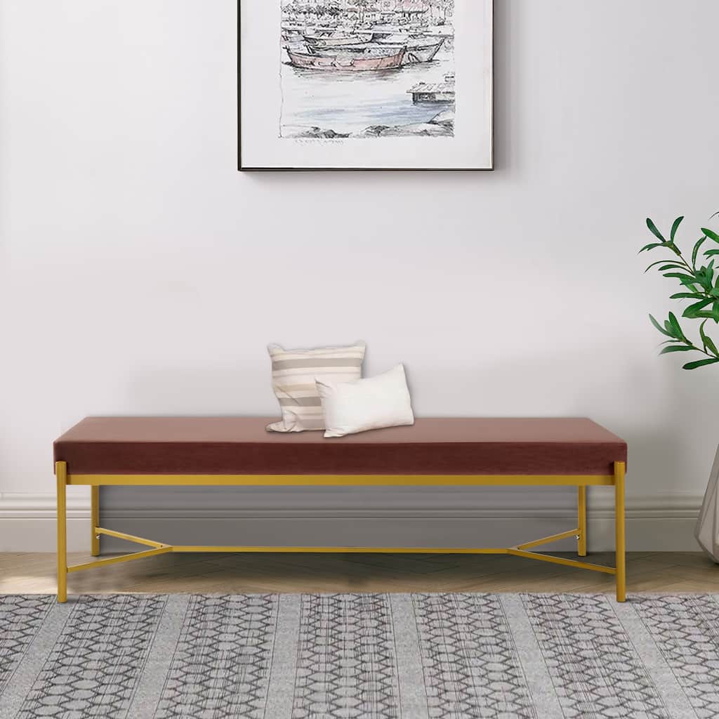 Lola 55 Inch Modern Foyer Bench, Dark Rose Velvet Seat and Gold Metal Frame