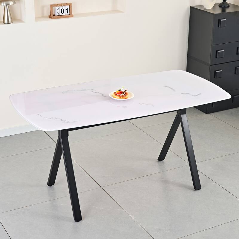 Rectangular dining table featuring a tempered glass tabletop with a marble-patterned design for restaurant dining settings