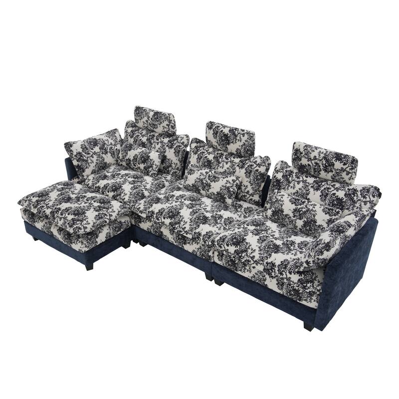 Blue Chenille Sectional Sofa with Floral Fabric, 4-Seater L-Shaped Couch with Adjustable Headrests, Pillows, and Chaise Lounge