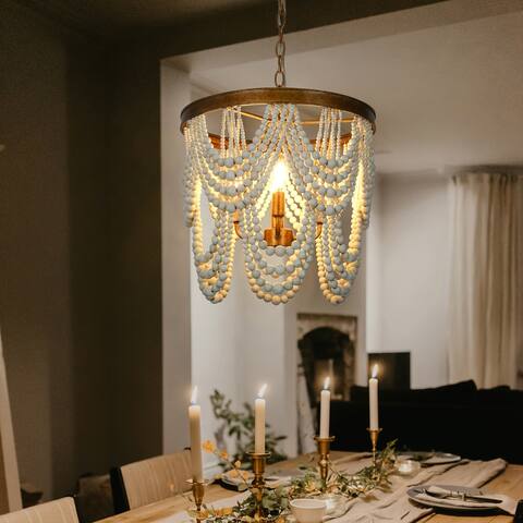 Renia Farmhouse Caostal Draped Wood Beaded Chandelier 4-light Tiered Luxury Boho Ceiling Light