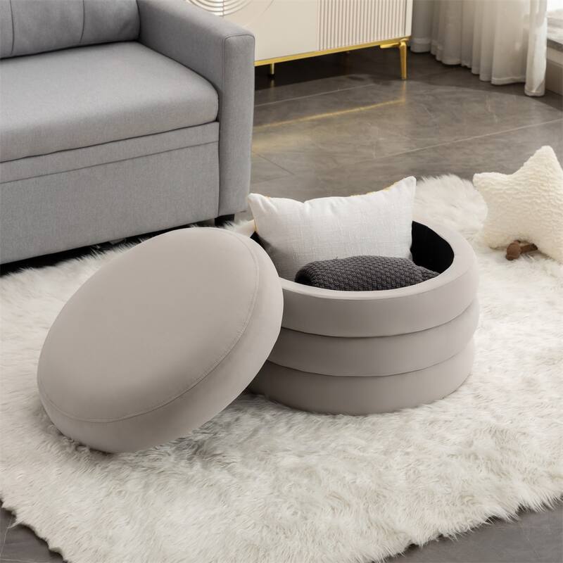 Fabric Storage Round Ottoman Footstool with Wooden Shelving