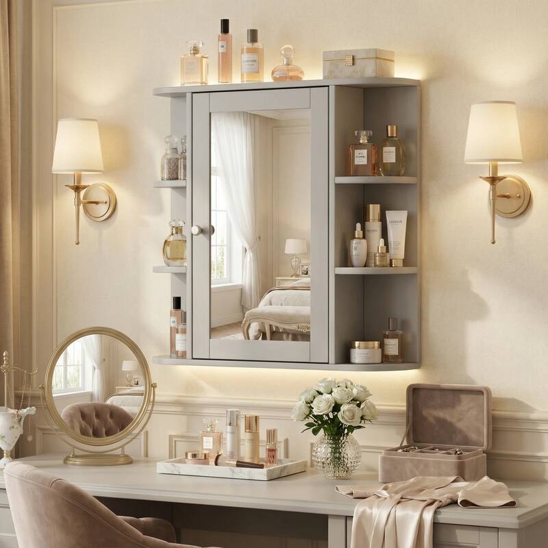Bathroom Wall Storage Cabinet with Mirror, with Adjustable Wood Shelf & Doors, Mounted Storage Cabinets with 6 Open Shelves