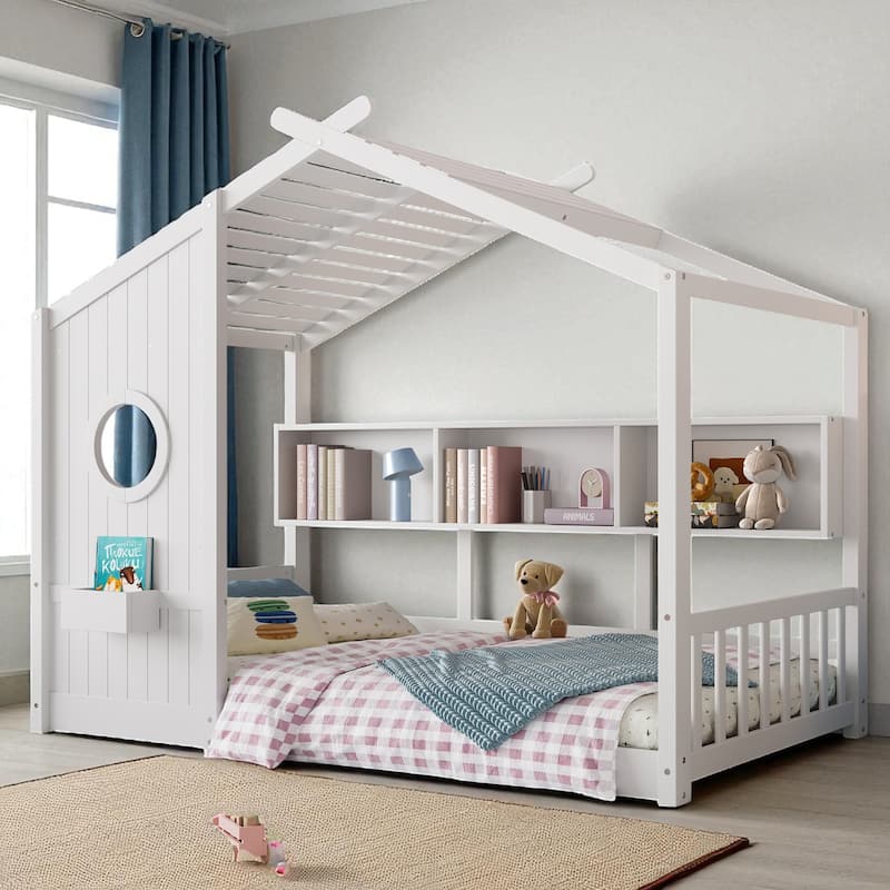 Twin/Full Montessori House Floor Bed with Roof, Storage Shelf, Low Profile Kids Bed, 6 in Mattress, 350/550 lb Capacity