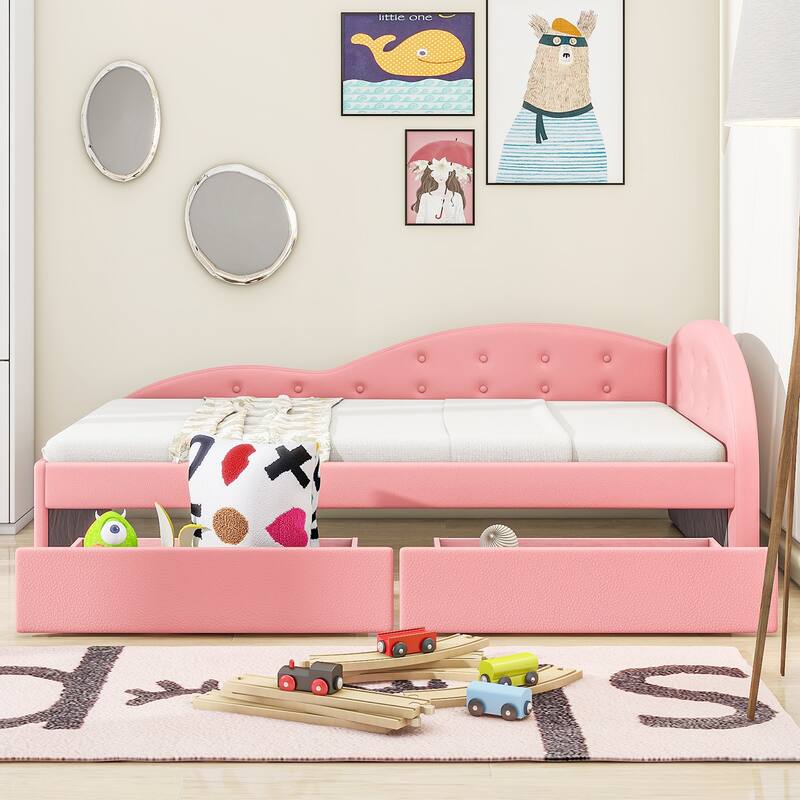 Twin Size PU Upholstered Tufted Daybed with Two Drawers