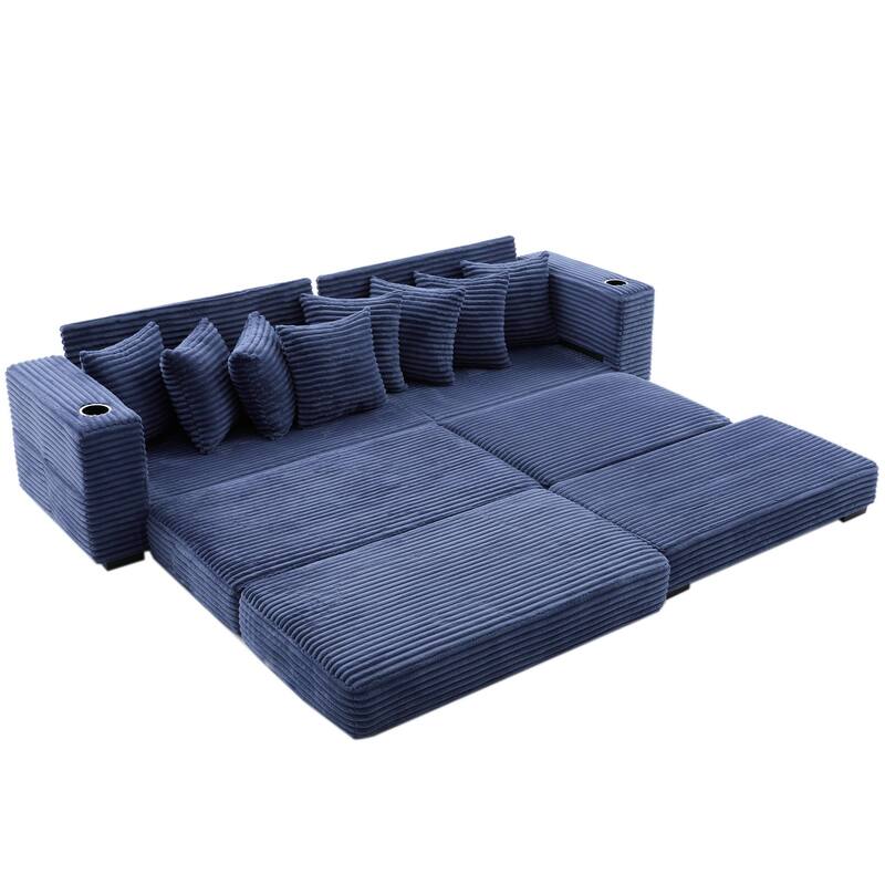 110.75" Corduroy Sectional Sofa, Convertible Sleeper Sofa Bed L-Shaped Upholstered Couch with Removable Footstool, Cup Holder