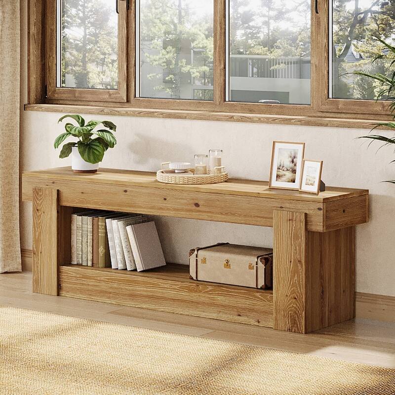 63 Inch Solid Wood Shoe Bench Entryway with Storage, 2-Tier Storage Bench for Bedroom End of Bed