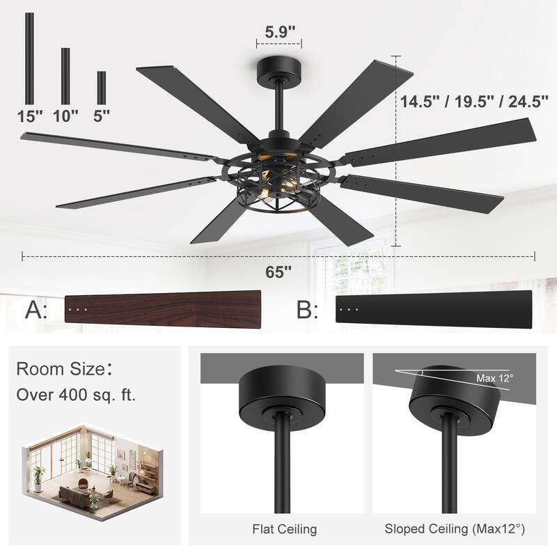 52"/65" Industrial Reversible Wood 5/8-Blade Cage Ceiling Fan with Light Kit and Remote