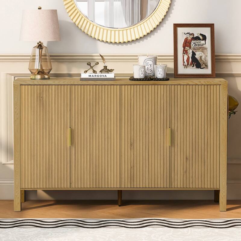Modern 57.5" Fluted Door 4-Door Sideboard with Side Hooks and Adjustable Shelves - Natural