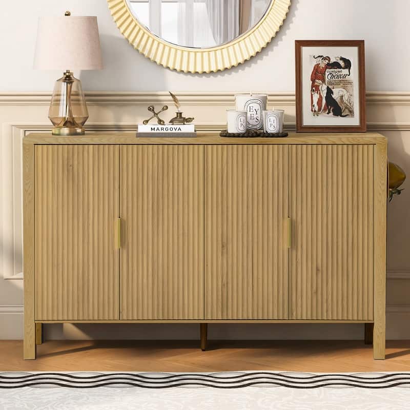 Modern 57.5" Fluted Door 4-Door Sideboard with Side Hooks and Adjustable Shelves