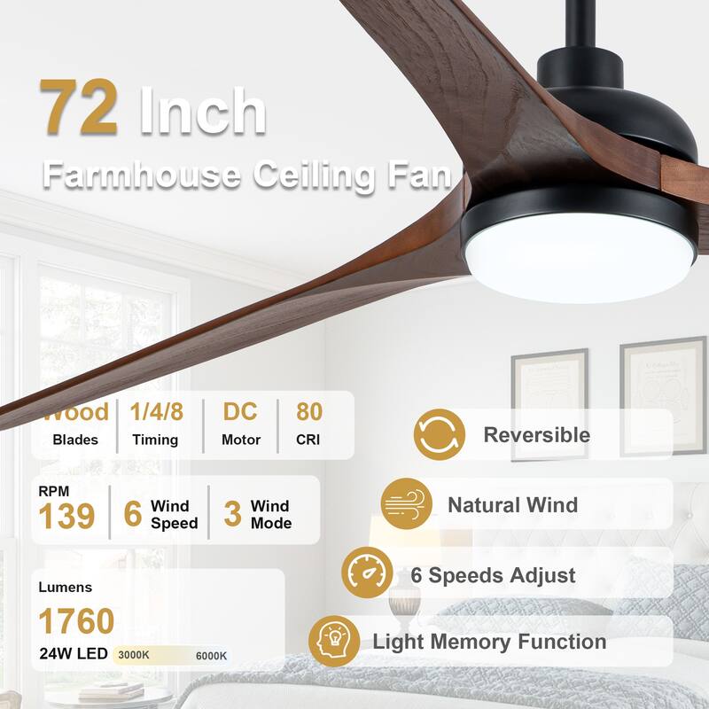 Cusp Barn 72" Outdoor/Indoor Large Black Ceiling Fan with Lights and Remote, Farmhouse Reversible DC Motor Wood Ceiling Fan