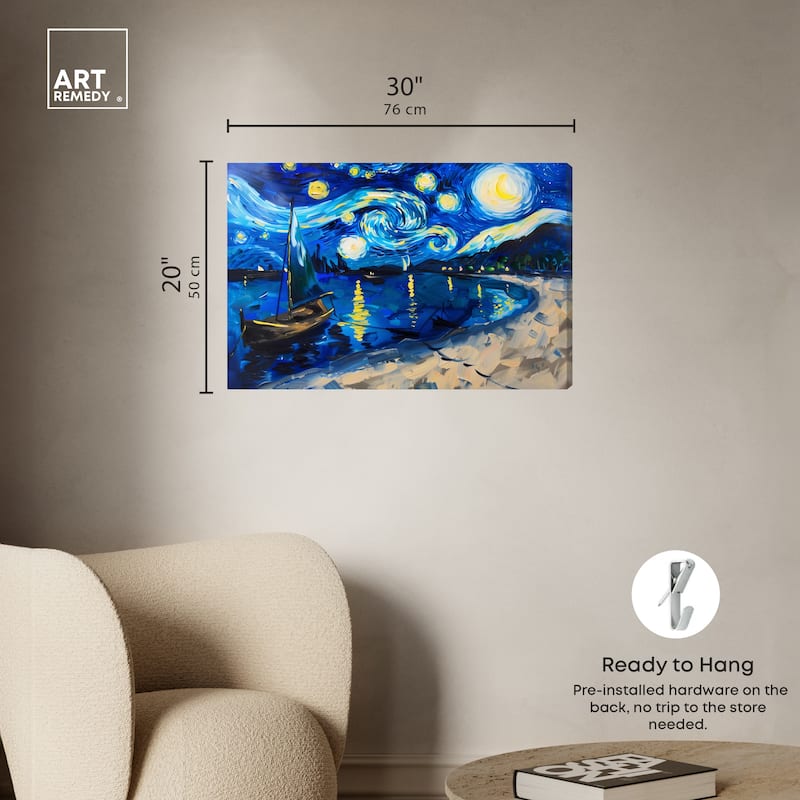 Art Remedy Whimsical Night Sail Gallery Wrapped Impressionism 1 Piece Canvas Wall Art /Monet And Van Gogh Inspired Art