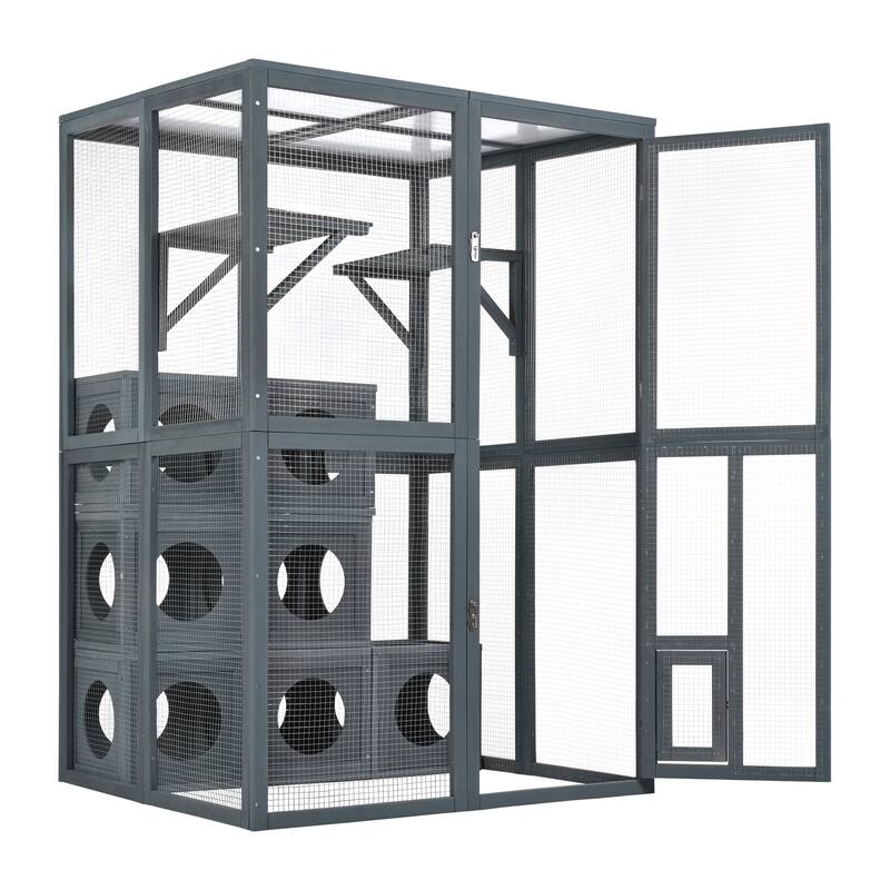 Outdoor Cat Catio Enclosure with Double Enter Doors & Climbing shelves, Weatherproof Pine Wood Playground with 7 Wood Boxes