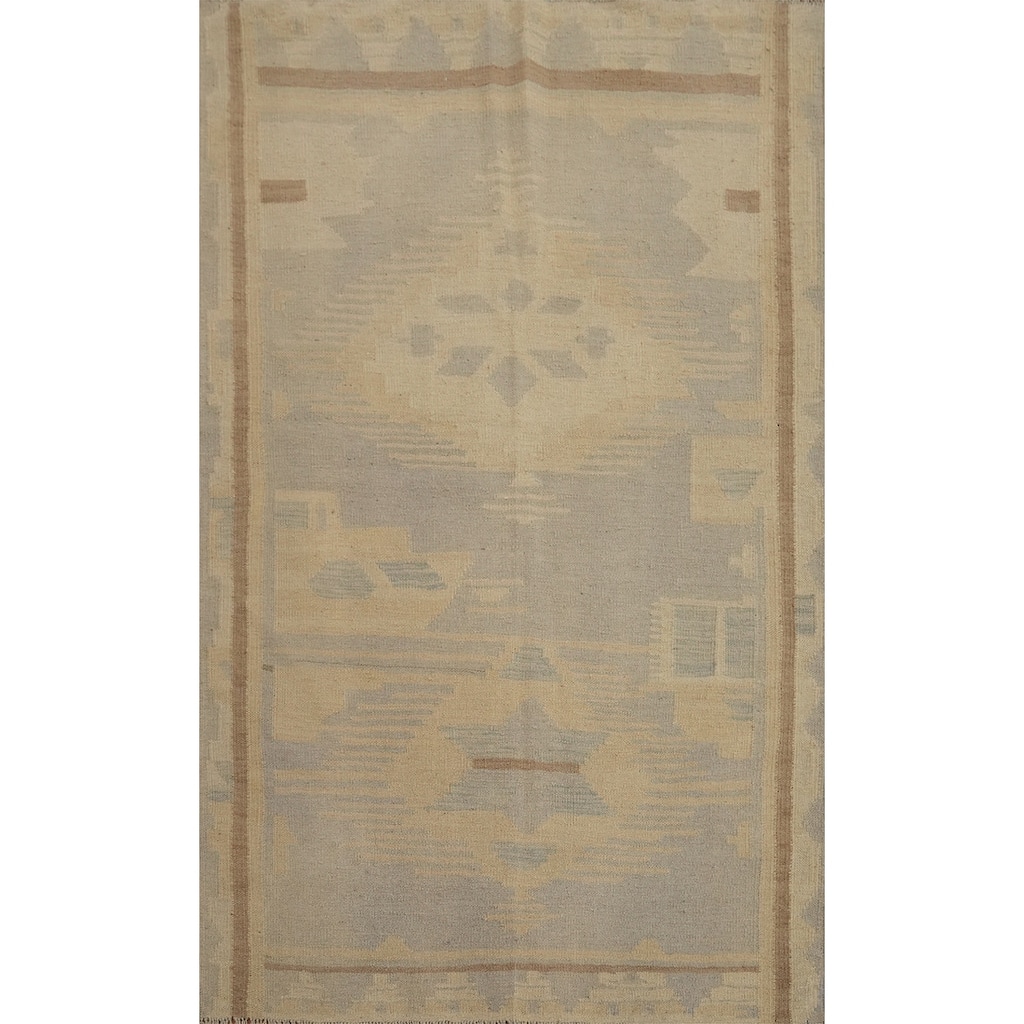 Hand Woven Oriental 100% Wool Carpet Southwestern Tribal Greys & Charcoal Kilim Area Rug - 5' 5'' X 3' 7''