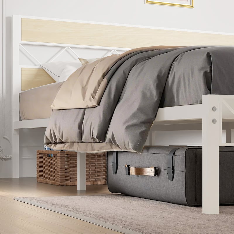 Metal Bed Frame with Brown Wooden Headboard, No Box Spring Needed