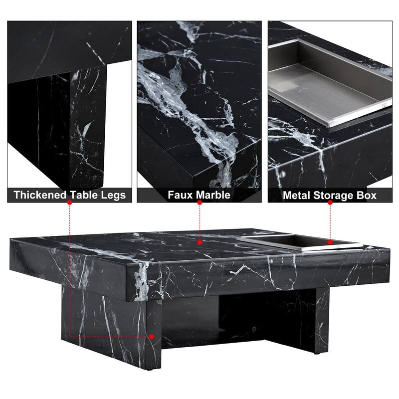 Coffee Table, Square Modern Center Table W/Black Faux Marble Patterns Mid Century Side End Table For Home, Living Room