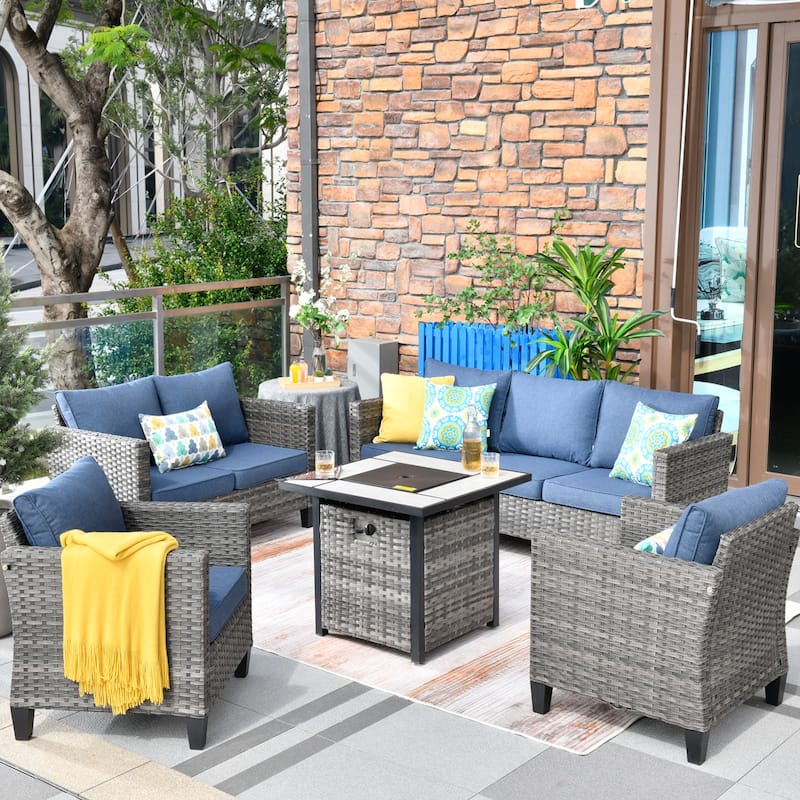 OVIOS 5-piece Patio Loveseat Wicker Set with 30" Fire Pit
