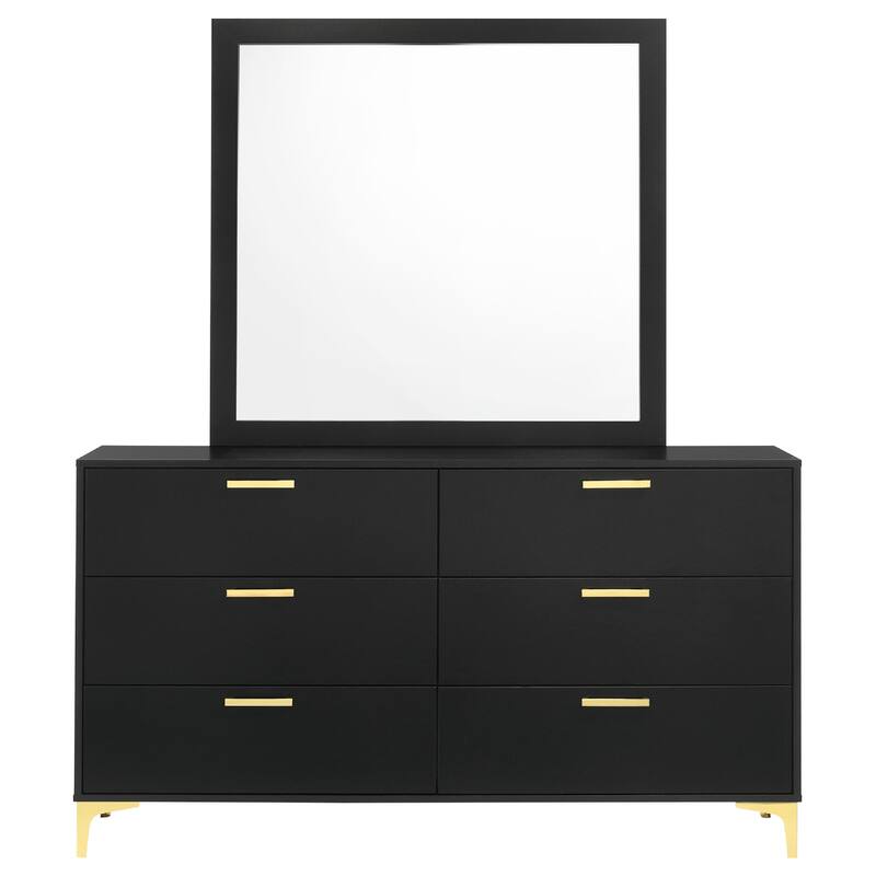 Dle Wide Dresser with Mirror, Gold Bracket Legs, Modern Black Finish