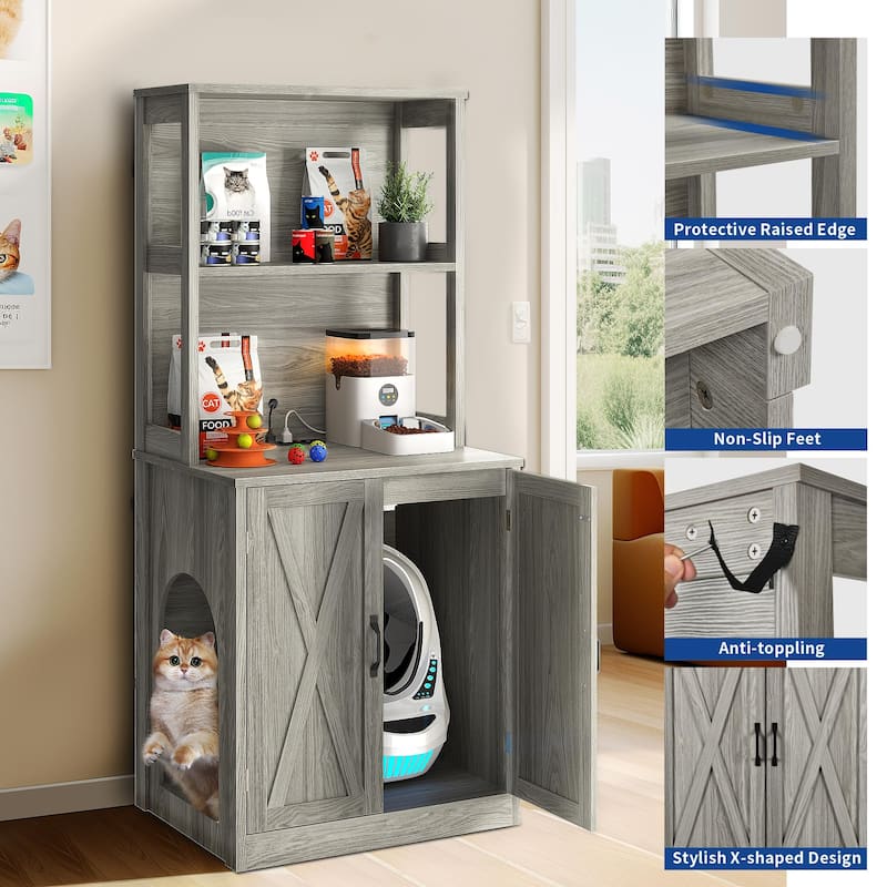 71" Tall Large Hidden Cat Litter Box Enclosure Furniture with Charging Station for Self-Cleaning Litter Boxes - Grey