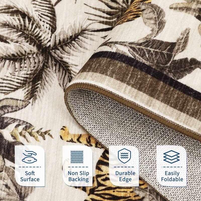 Living Room Rug Jungle Tiger Area Rug Plant Rugs Low Pile Non Shedding Soft Accent Carpet for Bedroom, Dining Room