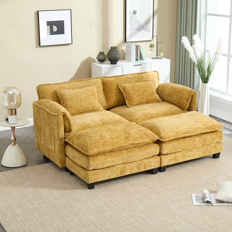 76.77" Chenille Upholstered Sofa with 2 Ottomans