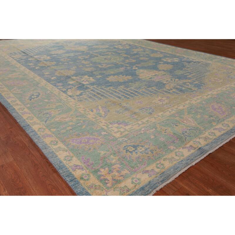 Hand Knotted Oriental 100% Wool Carpet Transitional Floral Navy Blue & Blues Oushak Area Rug - 11' 11'' X 8' 11''