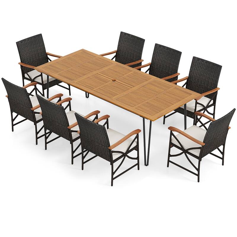 Gymax 9 PCS Outdoor Patio Dining Set Armchairs Set of 8 & Acacia Wood - Brown