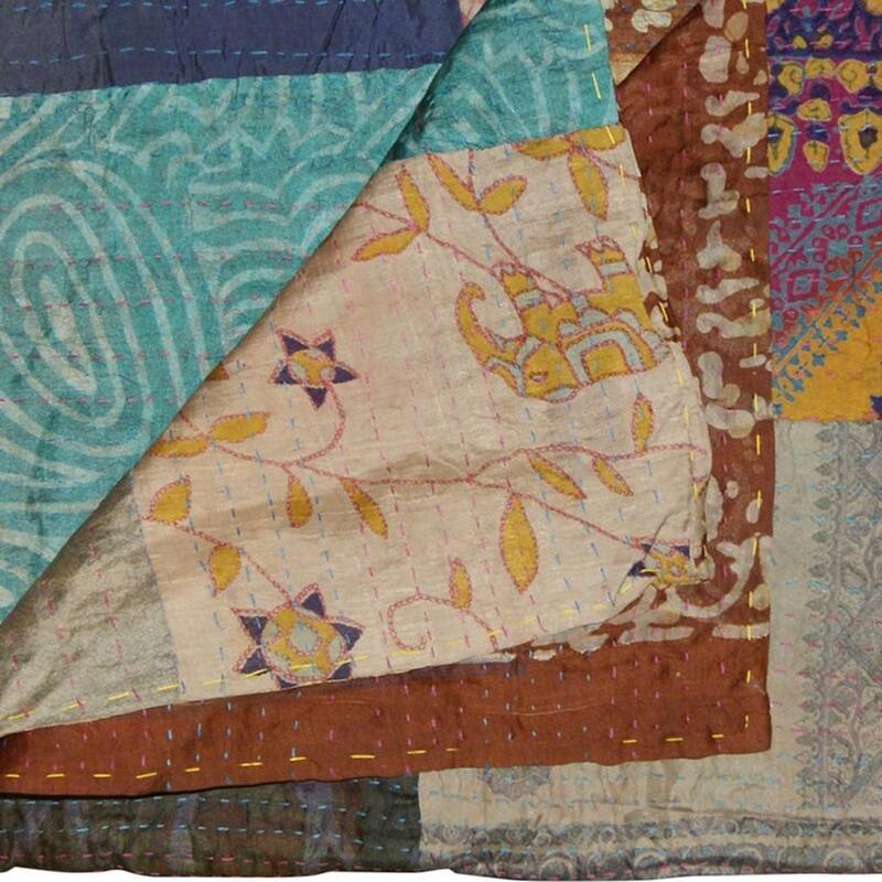 HomeRoots 50" X 70" Tan And Beige Patchwork Silk Quilted Kantha Throw Blanket with Embroidery
